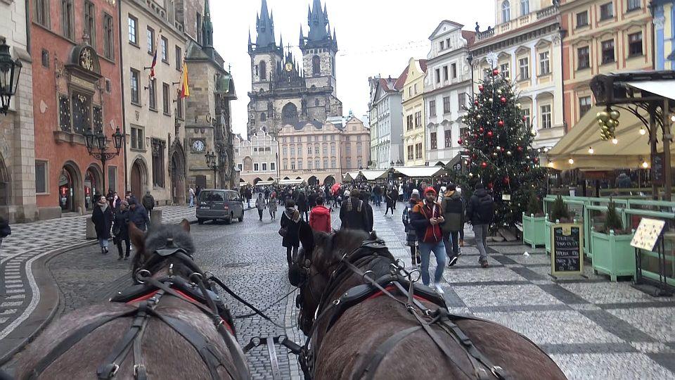 Jeden den s pražskými fiakry. Koně v centru obdivují turisté i domácí